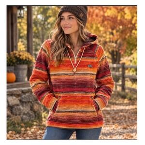 Free Nature Fleece Hoodie Women's Large Orange Striped Quarter Zip Pullover Fall